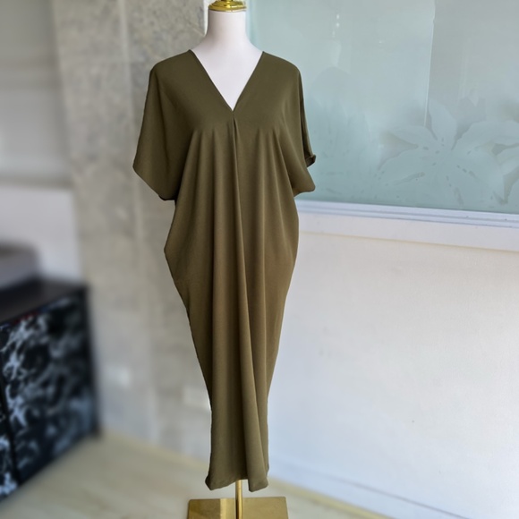 0066/  Army Green Dress Viscose Crinkle Airflow - Picture 5 of 8